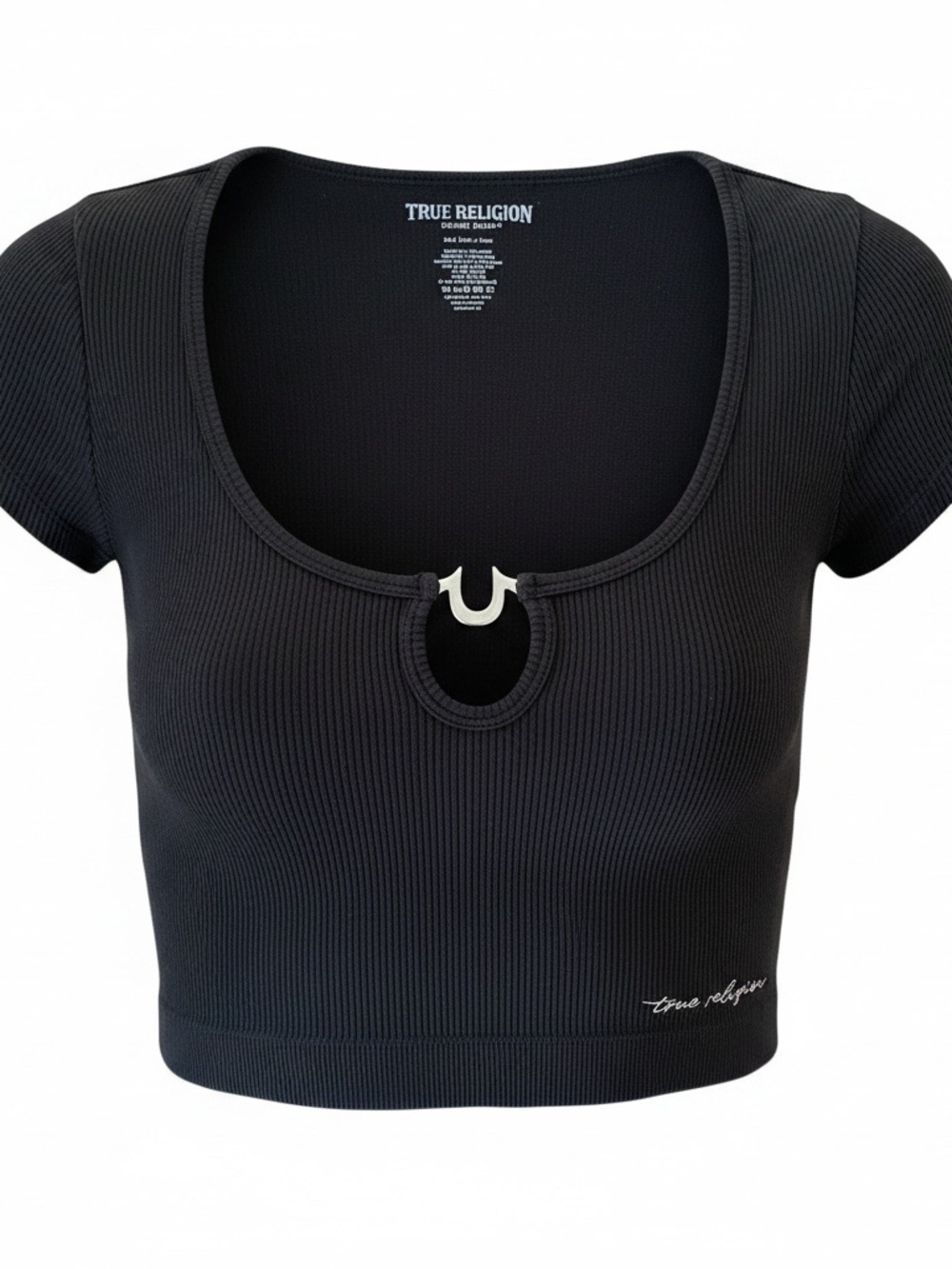 NWT -True Religion Black Ribbed Scoop Crop Top with Signature Horse shoe charm!